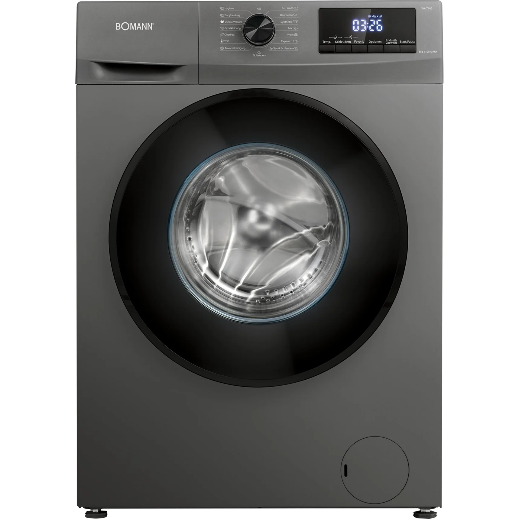 Bomann WA 7185 Waschmaschine 8 kg – Energieklasse A, 15 Programme, 1400 U/Min, titan/schwarz – LED-Display, Endzeitvorwahl 1–24 h, Reversierautomatik & Vollschutzsystem