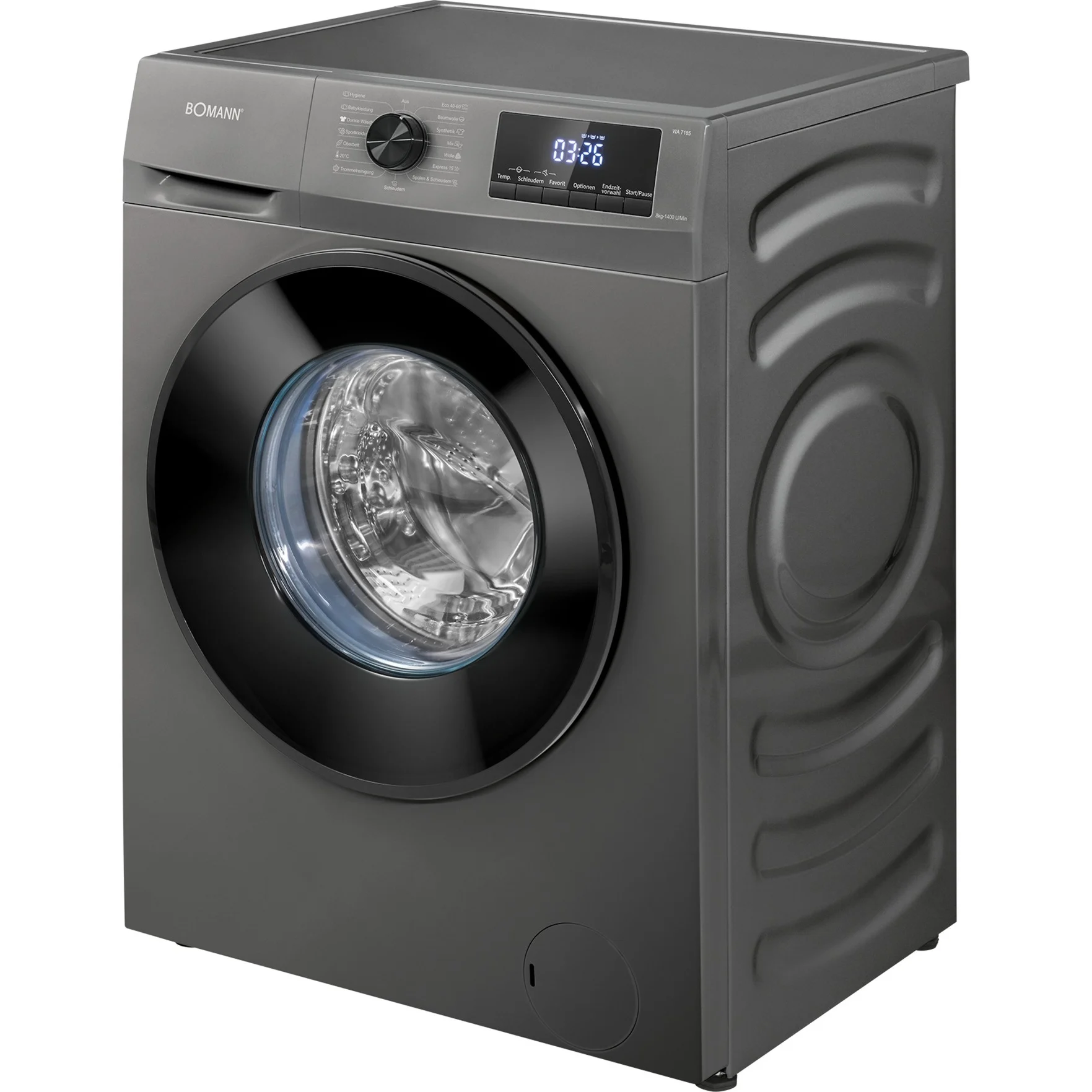 Bomann WA 7185 Waschmaschine 8 kg – Energieklasse A, 15 Programme, 1400 U/Min, titan/schwarz – LED-Display, Endzeitvorwahl 1–24 h, Reversierautomatik & Vollschutzsystem