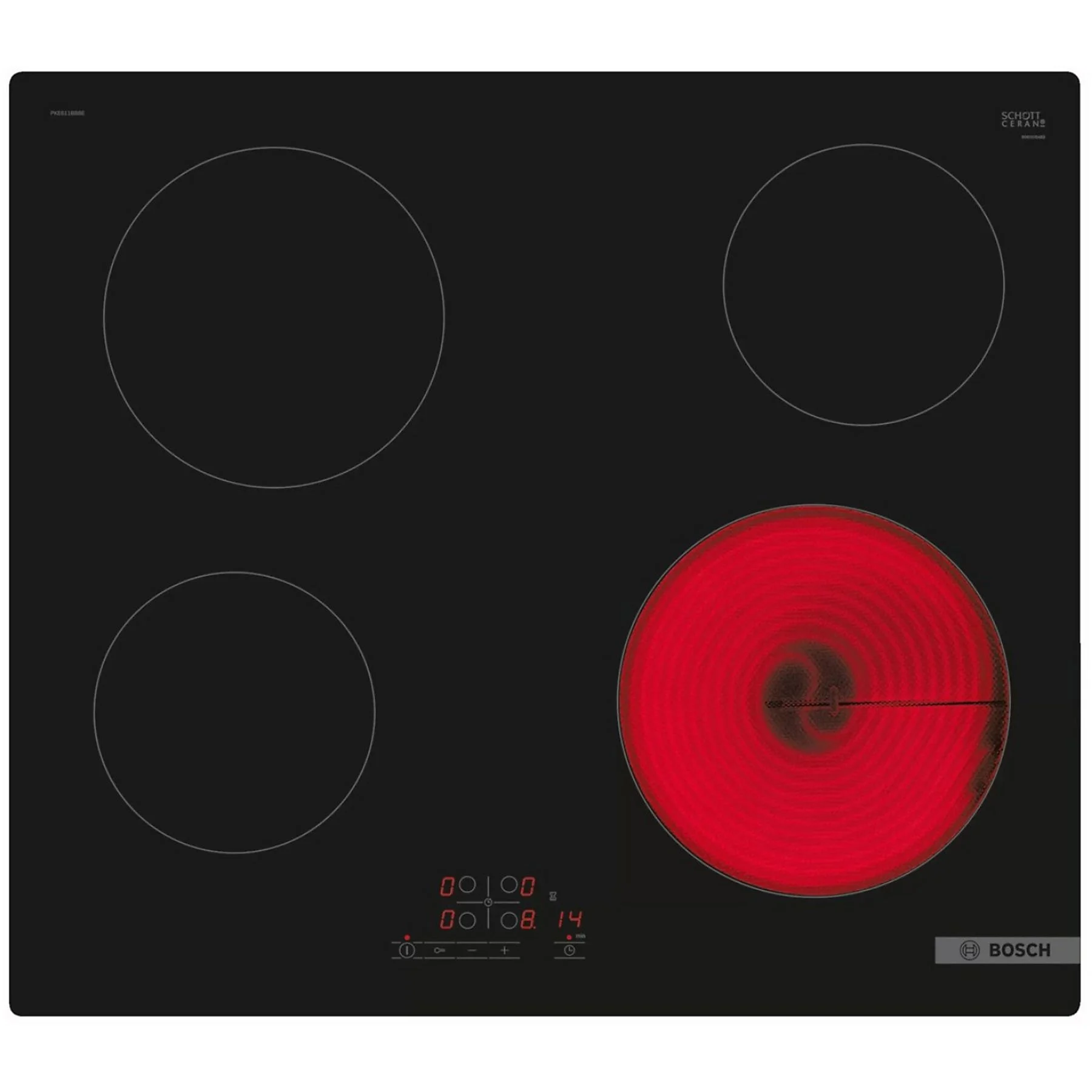 BOSCH PKE611BB2E Glaskeramik-Kochfeld – 4 Kochzonen, rahmenlos, 6600 W, TouchControl, Timer, Kindersicherung, Restwärmeanzeige – 592 mm breit, Schwarz