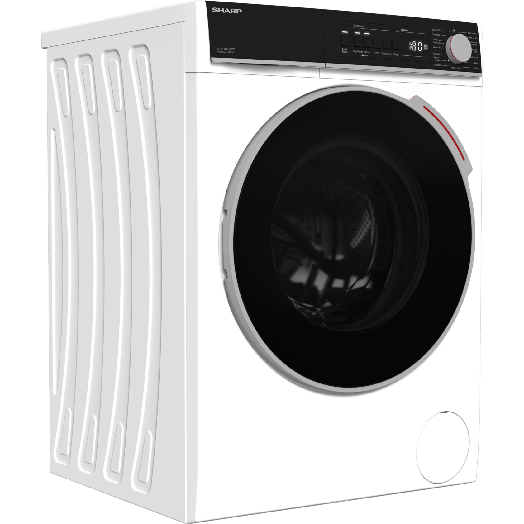 SHARP ES-NFB914CWA-DE Waschmaschine 9 kg – Energieklasse A, Advanced Inverter Motor, AllergySmart, DoubleJet, Steam-Option, 15 Programme, Aquastop – weiß/schwarz