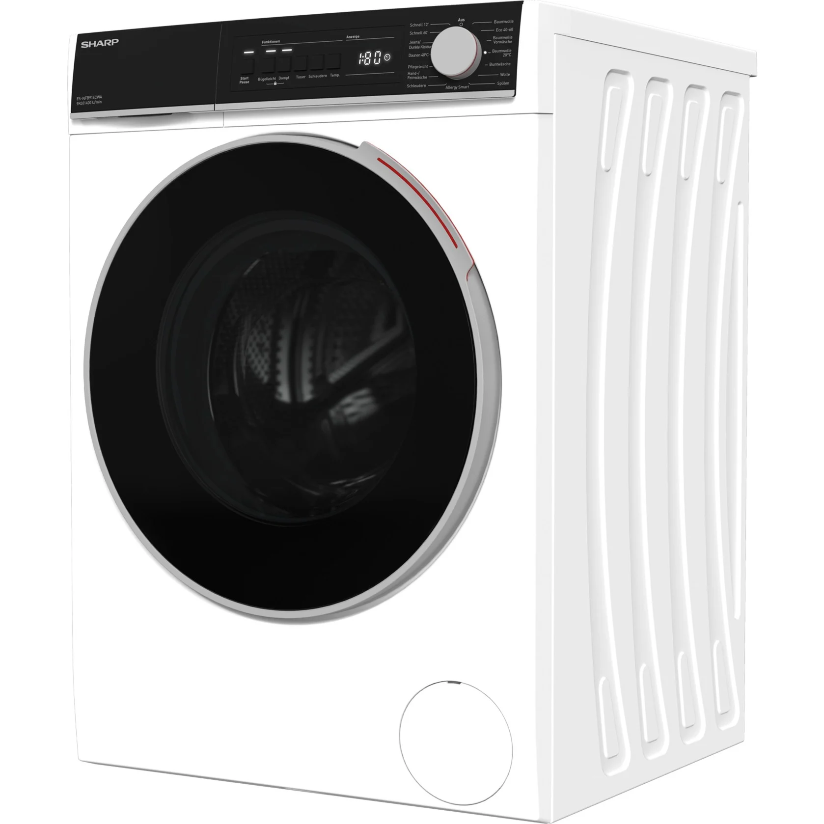 SHARP ES-NFB914CWA-DE Waschmaschine 9 kg – Energieklasse A, Advanced Inverter Motor, AllergySmart, DoubleJet, Steam-Option, 15 Programme, Aquastop – weiß/schwarz